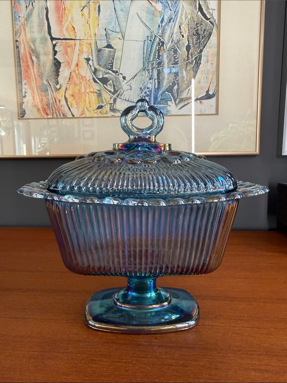 Indiana Glass Iridescent Blue Carnival Glass Covered Compote